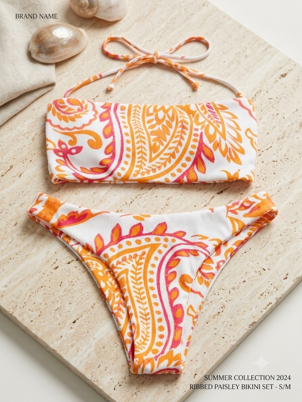 Ribbed Paisley Bikini Set - White & Orange